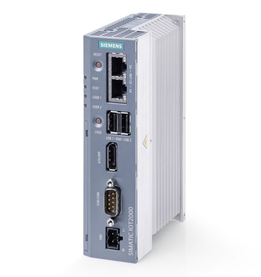 Siemens SIMATIC IOT2050 Advanced industrial IoT gateway, front three-quarter view